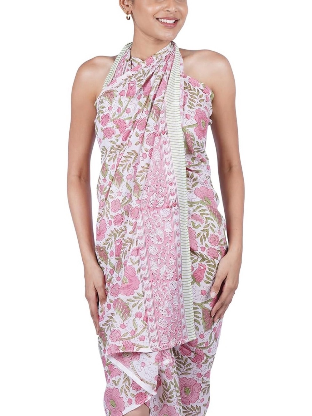 Pink and Green Floral Block Print Cotton Sarong Wrap